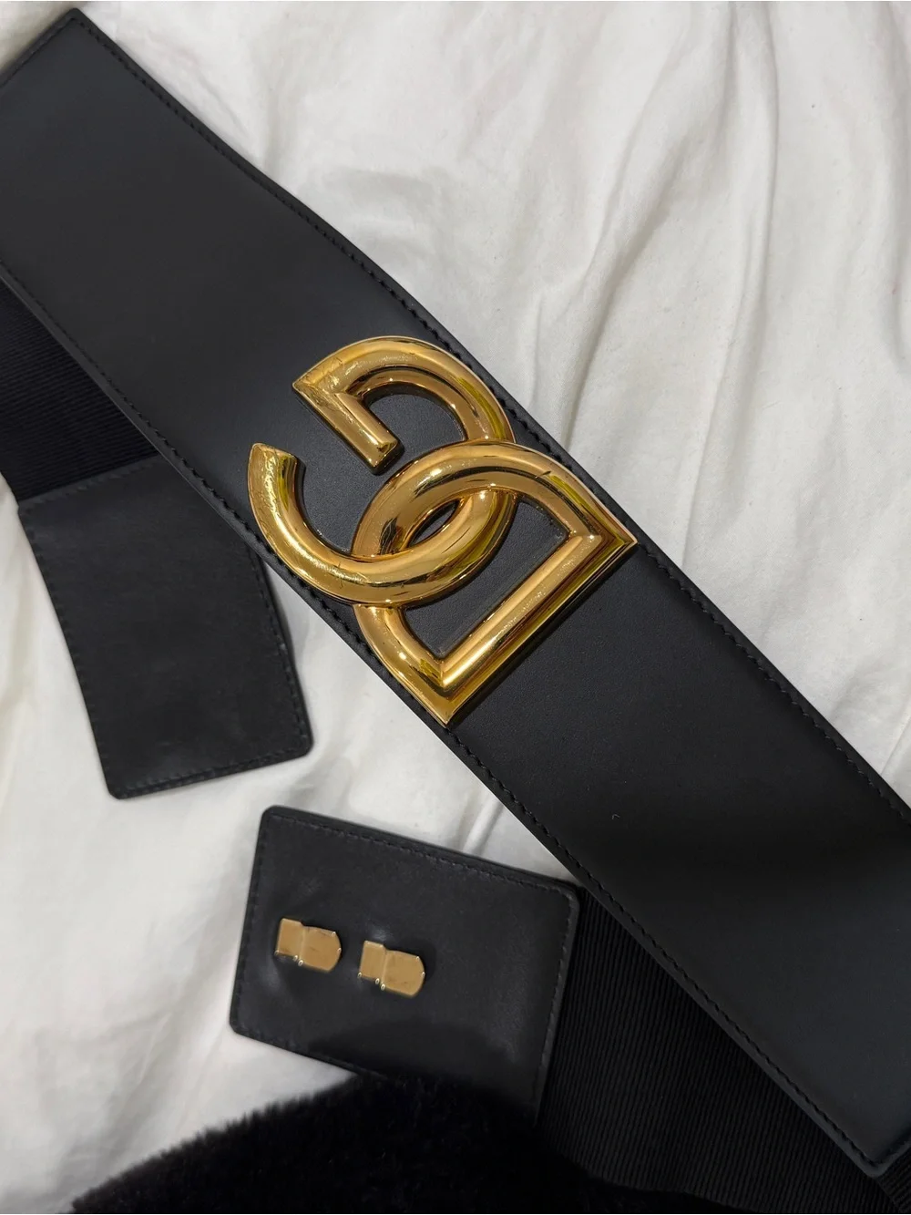 Dolce & Gabbana Black Wide Elastic Belt with Gold DG Logo Buckle